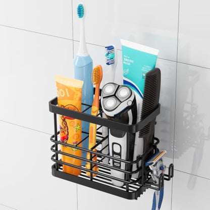 TAILI Powerful Suction Cup Toothbrush Holders with Segmented Design 5 Slots | Wall Mounted, Drainage Shower Tooth Brush and Toothpaste Holder, No Drilling Removable Bathroom Organizer with Razor Hook - color: Black Plus