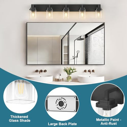 Matte Black Bathroom Light Fixtures, Modern Vanity Lights with Clear Glass Lamp Shade, Bathroom Lighting Fixtures Over Mirror, Restroom Vanity Lighting Fixture, 5-Light 36 Inch - color: Blakc, size: 5-Light
