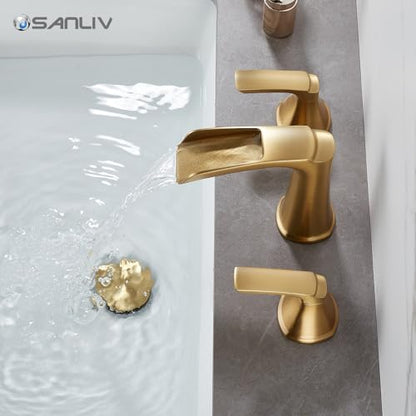 Brushed Gold Waterfall Bathroom Faucet, Sanliv 3-Piece Widespread Bathroom Sink Faucets, 2-Handle Vanity Faucet for 3-Hole Sinks 4-8 Inch with Pop-Up Drain, Brushed Gold - color: Brushed Gold