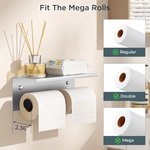 FORIOUS Toilet Paper Holder with Shelf, Commercial Toilet Paper Dispensers | Stainless Steel & Black | Wall Mount Bathroom Tissue Holder | SUS304 Stainless Steel Rustproof | Double Tissue Roll Holder - color: Stainless Steel & Matte Black