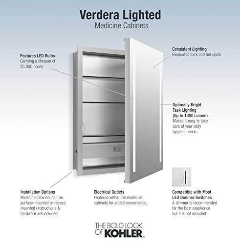 Kohler 99007-TLC-NA Verdera, Medicine Cabinet Mirror with Lights, Recessed or Surface Mount Bathroom, 24 in. W x 30 in. H - size: 24" W x 30"H, style: Lighted