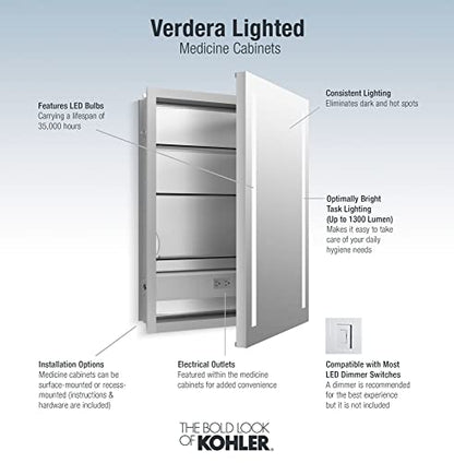 Kohler 99007-TLC-NA Verdera, Medicine Cabinet Mirror with Lights, Recessed or Surface Mount Bathroom, 24 in. W x 30 in. H - size: 24" W x 30"H, style: Lighted