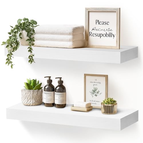 Solid Wood Floating Shelves, 17 Inch Wall Shelves, Set of 2, White | 8 Inch Deep, 1.6 Inch Thick, Extra-Wide Display Space, Mounting Hardware Included, For Kitchen, Bathroom and Living Room - color: White, size: 17x8x1.6