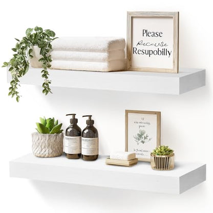 Solid Wood Floating Shelves, 17 Inch Wall Shelves, Set of 2, White | 8 Inch Deep, 1.6 Inch Thick, Extra-Wide Display Space, Mounting Hardware Included, For Kitchen, Bathroom and Living Room - color: White, size: 17x8x1.6