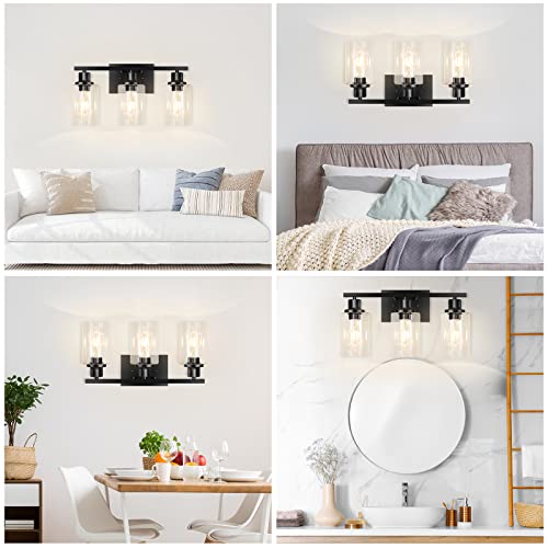 3-Light Vanity Light, Matte Black Bathroom Lighting Fixtures Over Mirror, Modern Metal Wall Lights for Hallway Kitchen Bedroom Living Room | Wall Sconce Light Fixture with Clear Glass Shade Matte Black Modern Metal Wall Lights for Hallway Kitchen Bedroom