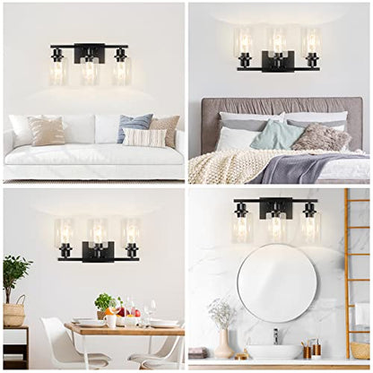 3-Light Vanity Light, Matte Black Bathroom Lighting Fixtures Over Mirror, Modern Metal Wall Lights for Hallway Kitchen Bedroom Living Room | Wall Sconce Light Fixture with Clear Glass Shade Matte Black Modern Metal Wall Lights for Hallway Kitchen Bedroom