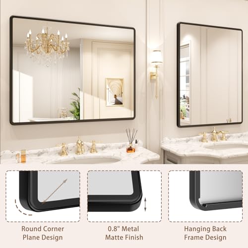 pertetey 36 x 30 in Rounded Rectangle Bathroom Mirror, Black Metal Frame | Black Metal Frame, Rounded Rectangle Design, Tempered Glass, Wall Mounted - size: 36”×30”