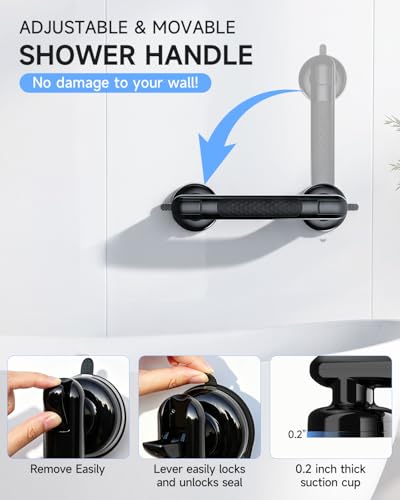 Upgraded Suction Shower Handle with Anti-Slip, Black | 2 Pack Grab Bars for Shower and Bathroom, Heavy Duty Removable Safety Grip Handrails Grab Bars for Bathtubs, No Drilling - color: Black