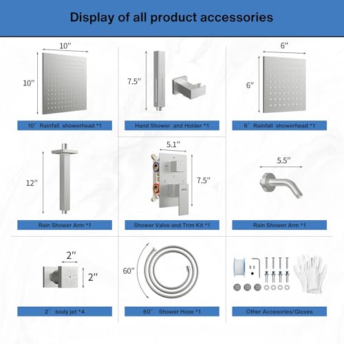 VANFOXLE Shower System, Brushed Nickel Shower Faucet Set, Four Modes | 10 Inch Ceiling Mount Head Increased Thick, 6 Inch Second Head, 2-in-1 Handheld Combo, 4 PCS Dual Mode Body Jets, Brass Valve - color: Brushed Nickel