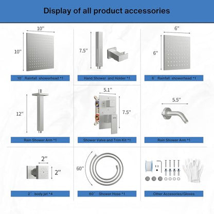 VANFOXLE Shower System, Brushed Nickel Shower Faucet Set, Four Modes | 10 Inch Ceiling Mount Head Increased Thick, 6 Inch Second Head, 2-in-1 Handheld Combo, 4 PCS Dual Mode Body Jets, Brass Valve - color: Brushed Nickel