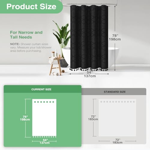 Stall Shower Curtain and Liner Set - 54 x 78 inch Long Boho Shower Curtain and Waterproof Clear Liner, Tufted Geometric Striped Tassel Shower Curtains for Bathroom, 10 Hooks, 54x78, Black - color: Black, size: 54"W x 78"L (Pack of 1)