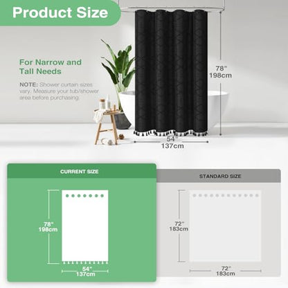 Stall Shower Curtain and Liner Set - 54 x 78 inch Long Boho Shower Curtain and Waterproof Clear Liner, Tufted Geometric Striped Tassel Shower Curtains for Bathroom, 10 Hooks, 54x78, Black - color: Black, size: 54"W x 78"L (Pack of 1)