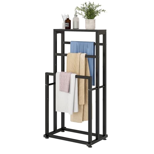 Free Standing Towel Rack for Bathroom, 3 Tier Metal Blanket Rack with Shelf, Blanket Drying and Display Rack for Oversized Bath Towels Bathroom Accessories, Next to Tub or Shower, Black