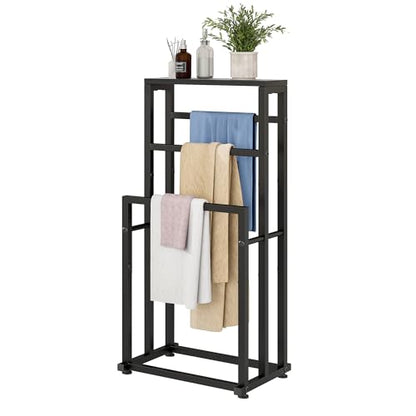 Free Standing Towel Rack for Bathroom, 3 Tier Metal Blanket Rack with Shelf, Blanket Drying and Display Rack for Oversized Bath Towels Bathroom Accessories, Next to Tub or Shower, Black
