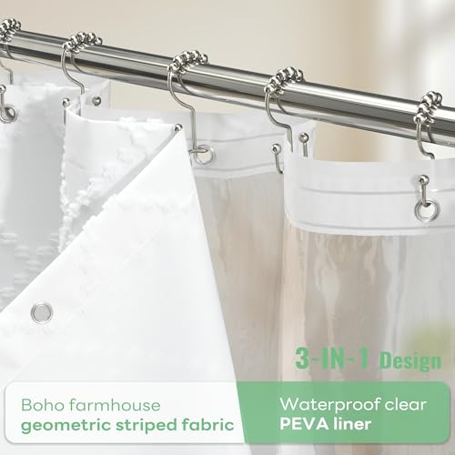 White Boho Shower Curtain and Liner Set, Farmhouse Fabric Shower Curtain and Waterproof Clear Liner, Tufted Geometric Striped Textured Tassel Shower Curtains for Bathroom with 12 Hooks, 72x72 - color: White, size: 72"W x 72"L (Pack of 1)