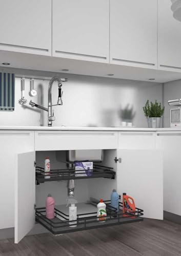 Rev-A-Shelf Solid Surface U-Shape Pullout Organizer for Sink Base Cabinets w/Soft-Close - size: 32.69"W x 21.54"D x 5.07"H