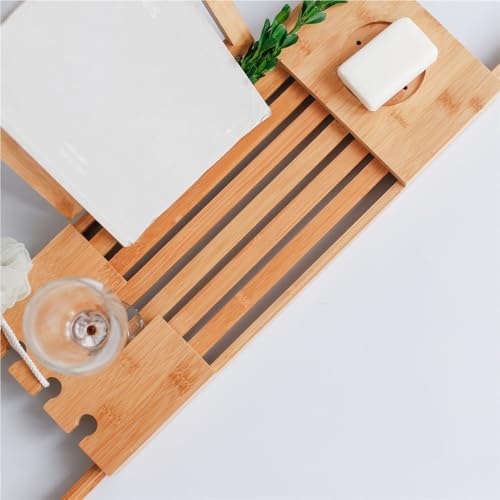 Expandable Bamboo Bathtub Tray with Book Stand, Bathtub Shelf with Wine Glass Holder and Grooves, Adjustable Bath Caddy for Tub Relaxation, Great Bath Caddy for Home Spa