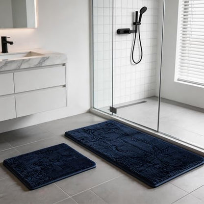 Non Slip Washable 2 Piece Extra Absorbent Shaggy Chenille Bathroom Rugs and Mats Sets, Soft & Dry Bath Rug/Mat Sets for Bathroom Washable Carpets Set Navy Blue Blue - color: Navy Blue