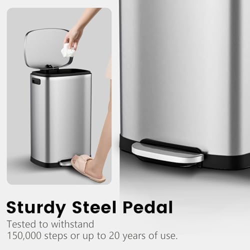 ELPHECO Kitchen Trash Can with Lid 13 Gal Stainless Steel Pedal Garbage Can | Soft Close Lid, Pedal, Heavy-Duty Fingerprint Proof Step Wastebasket with 20 Bags, Removable Bucket, Home Office, Silver - color: Silver