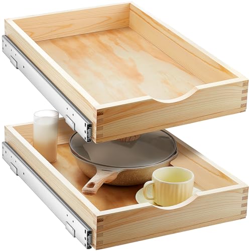 Menkxi 2 Set Wooden Pull out Cabinet Organizer Fully Assembled Slide out Pantry Drawer with Gentle Close Storage Shelf Tray for Base Kitchen Under Sink Bathroom Accessory(Wood Color,15'' X 21'' X 3'') - size: 15'' X 21'' X 3''