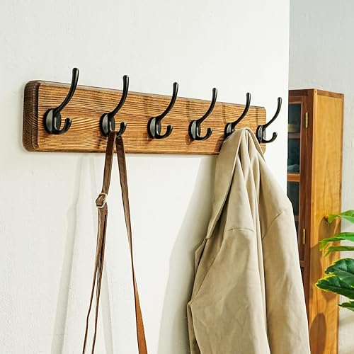 Wall Mounted Coat Rack: 24" Long, Patented, Heavy-Duty, 6-Double-Hooks Wooden Hanger Rail for Winter Coats, Hat, Jacket, Clothing - Natural & Black, Pack of 2 - color: Natural & Black, size: L=24"(2pcs)