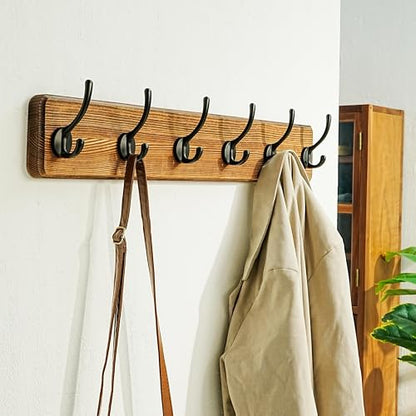 Wall Mounted Coat Rack: 24" Long, Patented, Heavy-Duty, 6-Double-Hooks Wooden Hanger Rail for Winter Coats, Hat, Jacket, Clothing - Natural & Black, Pack of 2 - color: Natural & Black, size: L=24"(2pcs)