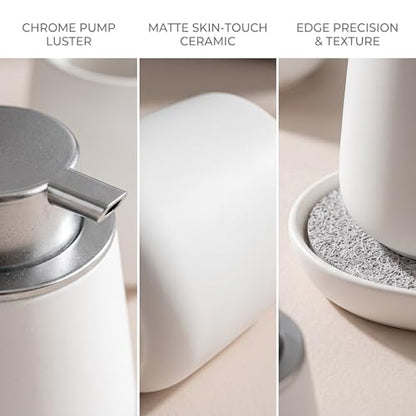 Ceramic Bathroom Accessories Set, 3 Pieces with Soap Dispenser, Toothbrush Holder, and Cup, Matte Black, Polished Finish (White) - color: White