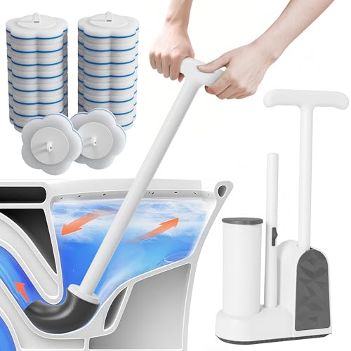 Disposable Toilet Brush and Plunger Set, Dual Handdle Toilet Plunger, All-in-1 Bathroom Cleaning Kit with 18PCS Refills, Toilet Cleaning Stick and Ventilated Holder