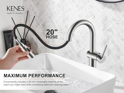 Pull Down Bathroom Faucet 1 Handle, Brushed Nickel Vessel Sink Faucet | Vessel Bowl Faucet with Pop Up Drain & Supply Lines, Lead-Free cUPC & NSF Certified, 1 Hole Faucet for Vanity RV Restroom - color: Brushed Nickel, size: Tall