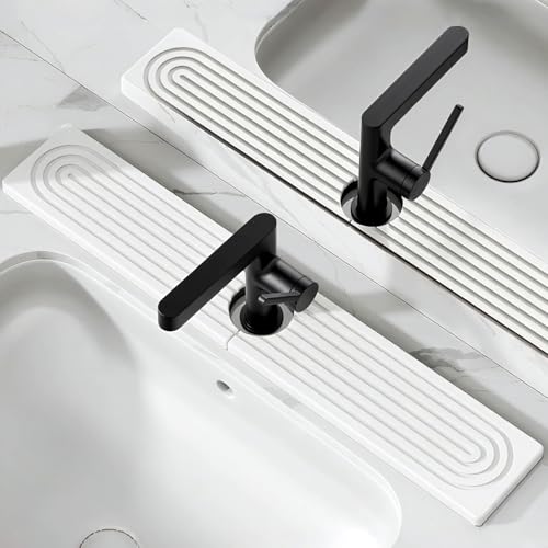 Faucet Mat for Kitchen Sink,Fast-Drying Diatomite Absorbent Splash Guard Tray for Kitchen & Bathroom Sink Counter, Anti-Slip Waterproof Protector(White,23.6"x3.9")
