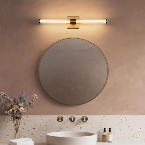 Tubicen Gold LED Vanity Light Linear Vertical Wall Sconce Dimmable 25in | 360° Full Lighting, 12W Vanity Light Bar Modern Slim Wall Light Fixture for Living Room Bathroom Bedroom, Warm White - color: Gold