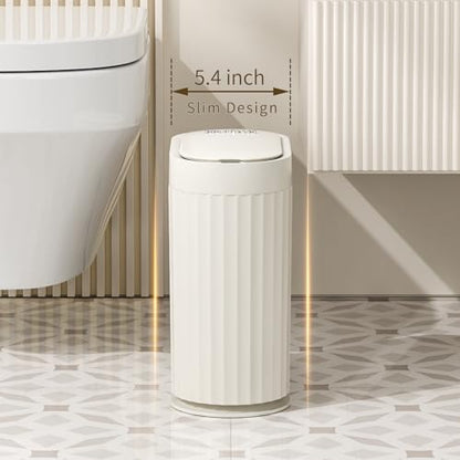 MRBIN Small Trash Can for Bathroom, Automatic Touch Less Garbage Bin with Lid, 2 Gallon Plastic Slim Waste Basket for Office and Kitchen, Electric Motion Sensor Bedroom Bin, Cream White - color: White, style: Acrylonitrile Butadiene Styrene