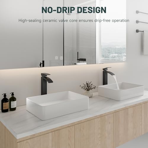 Matte Black Vessel Sink Faucet, Waterfall Bathroom Faucets | Brass, Tall Spout, Single Handle 1 Hole Bathroom Faucet, Modern Basin Taps with Supply Line, Pop Up Drain, Without Overflow - color: Matte Black, size: Tall