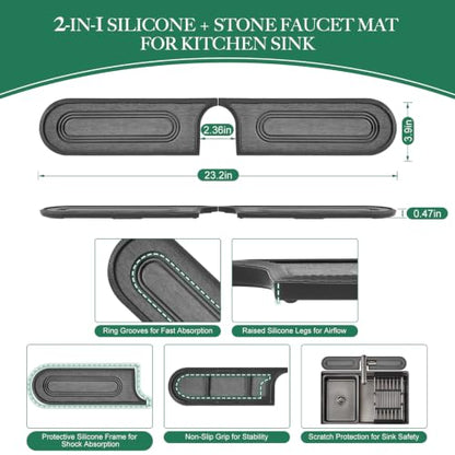 Faucet Mat for Kitchen Sink with Airflow Silicone Sleeve, Instant-Dry Diatomaceous Stone Sink Protector Tray Around Faucet for Kitchen, Bathroom, RV (Black Circle, 23.2" x 3.9" x 0.47") - color: Grey Circle - Dark Grey Silicone Edge