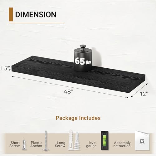 Vivelove Black Floating Shelve 48 Inches 12 Inch Deep, Set of 2 | Invisible Brackets, Easy Mount Shelf with Hardware Kit, for Bathroom Bedroom Living Room Kitchen, Engineered Wood - color: Black, size: 48”wx12”dx1.5”h