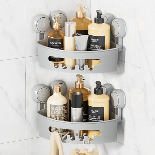 Corner Shower Caddy Suction Cup, shower shelves suction cup, Grey | 2 Pack Bathroom Basket, No-Drill Shower Caddies, Heavy Duty Shower Shelves, Removable - color: Grey, size: 2 × Medium
