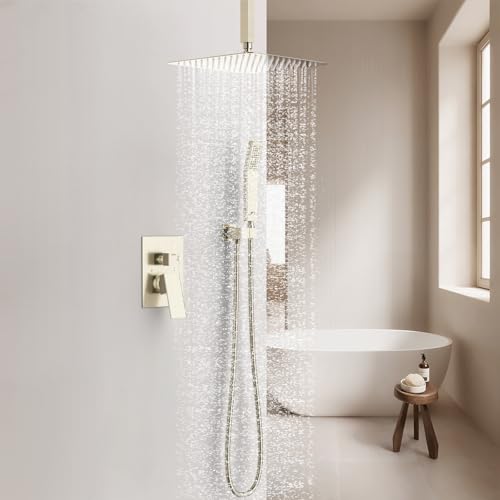 SunCleanse Rainfall Shower System Brushed Nickel Ceiling Mounted Shower System Combo Set with High Pressure 12 Inches Square Rain Shower Head Handheld and Shower Faucet Rough-in Mixer Valve and Trim | Ceiling mounted shower combo set featuring a 12" rainf