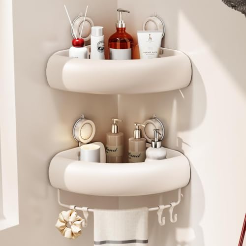 CICUFY Shower Caddy Suction Cup, 2 Pack No Drilling Corner Shower Shelves, Rust Proof Bathroom Storage Organizer, Shower Corner Caddy with Removable Hooks and Towel Bar, Triangle, Cream - style: Triangle Cream (2 Pack )