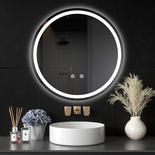 LED Bathroom Mirror with Lights, 36" Round Mirror for Bathroom,Wall Mounted Makeup Mirror, Dimmable, Anti-Fog, Shatter-Proof Tempered Glass, 3-Color Light, Memory Function, UL Listed - size: 36"L x 36"W