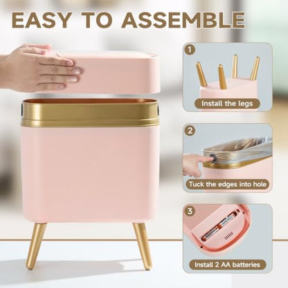 Automatic Bathroom Trash Can,Tall Slim Sensor Waste Basket,Pink Gold | 2.6 Gallon Waterproof Motion Sensor Trash Can, Small Garbage bin for Bedroom,Office,Living Room,Kitchen,RV,Restroom,Laundry - color: Pink