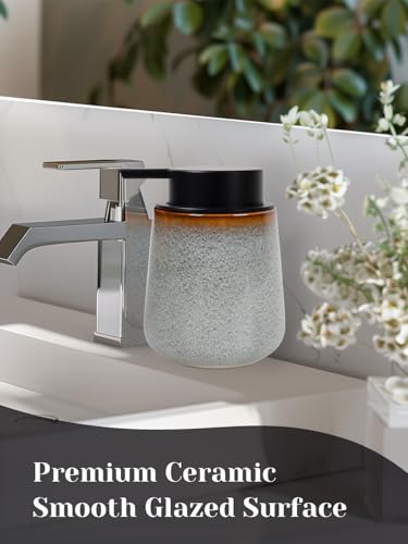INGOFIN Ceramic Lotion Dispenser - 12 oz Refillable Hand Soap Dispenser Bathroom, Modern Liquid Dispenser with Pump, Dish Soap Dispenser for Kitchen, Kiln-Glazed Grey White - color: Grey and White