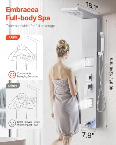 VEVOR Shower Panel Tower System with Rainfall Waterfall Shower Head, 53 in Brushed Stainless Steel Shower Column, 5-Function Faucet, Wall-Mount Rain Massage System with 2 Body Jet, Handheld, Tub Spout
