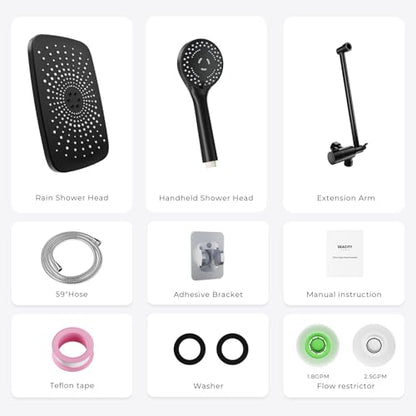 Black Rain Shower Head with Handheld Shower Head, 5 Spray Modes | High-Pressure Dual Shower Combo, Multi-Spray Handheld, 11-Inch Metal Extension Arm, Detachable Design for Easy, Flexible Use - color: Matte Black