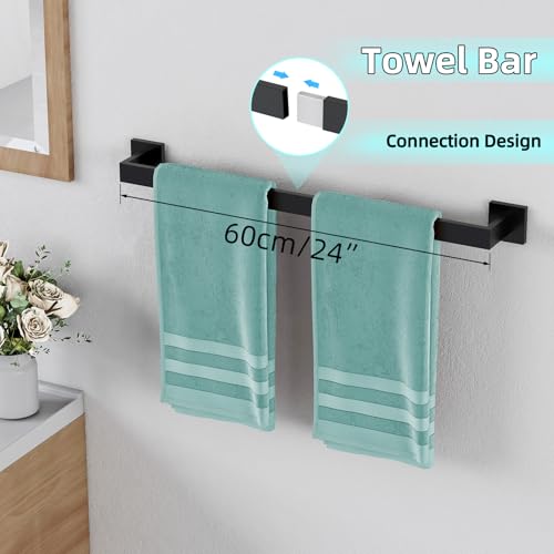 5-Pieces Matte Black Bathroom Hardware Accessories Set, 24 Inch Stainless Steel Towel Racks for Bathroom, Towel Bar Set Towel Ring Coat Hook and Toilet Paper Holder with Shelf Wall Mounted - color: Black