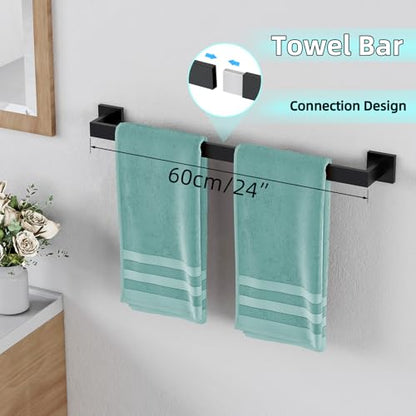 5-Pieces Matte Black Bathroom Hardware Accessories Set, 24 Inch Stainless Steel Towel Racks for Bathroom, Towel Bar Set Towel Ring Coat Hook and Toilet Paper Holder with Shelf Wall Mounted - color: Black