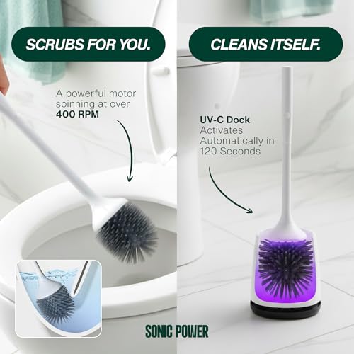 Electric Toilet Brush & Scrubber – Self Cleaning Silicone Toilet Bowl Brush with UVC Light, Rechargeable Wireless Spinning Toilet Brush & Holder Set, Wall Mount or Floor Standing (Pack of 1) | Spinning Toilet Bowl Brush & Holder with UV Sanitizing Light,