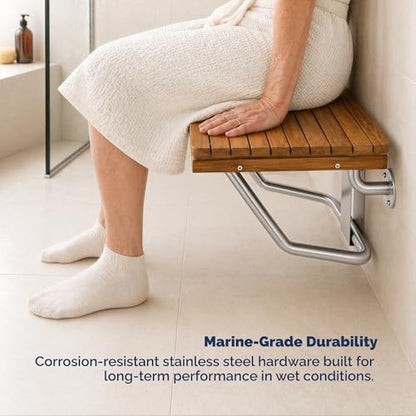 Teak Folding Shower Bench – ADA Compliant Fold Up Shower Chair for Elderly and Disabled, Wall Mounted Folding Seat, 400 lb Capacity Foldable Teak Wood Bath Bench, Stainless Steel Hardware - 18 Inches - size: 18 Inches