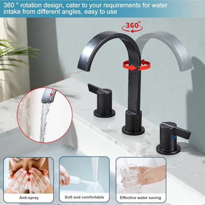 Midanya 8 Inch Widespread Bathroom Sink Faucet 3 Hole,Oil Rubbed Bronze | Waterfall Swivel Spout,2 Handle,SUS304,with Pop Up Drain,cUPC 24" Water Hose,for 6-16” hole distance vanity,RV,Farmhouse Sink - color: Bronze
