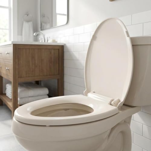19" Elongated Toilet Seat Slow Close, Almond Color Polypropylene with Never-Loosen Durable Lid, Quiet Close and Easy to Install and Clean - color: Almond, Standard, size: Elongated (19″)