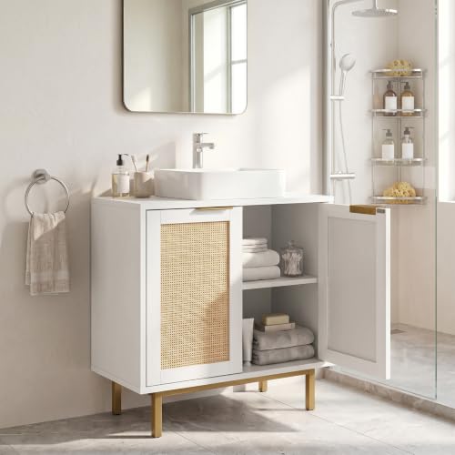 24-inch Pedestal Sink Storage Cabinet, Under Sink Cabinet (White) | U-Shaped Cut-Out | 2 Rattan Doors & Shelf | Solid Metal Legs - color: White